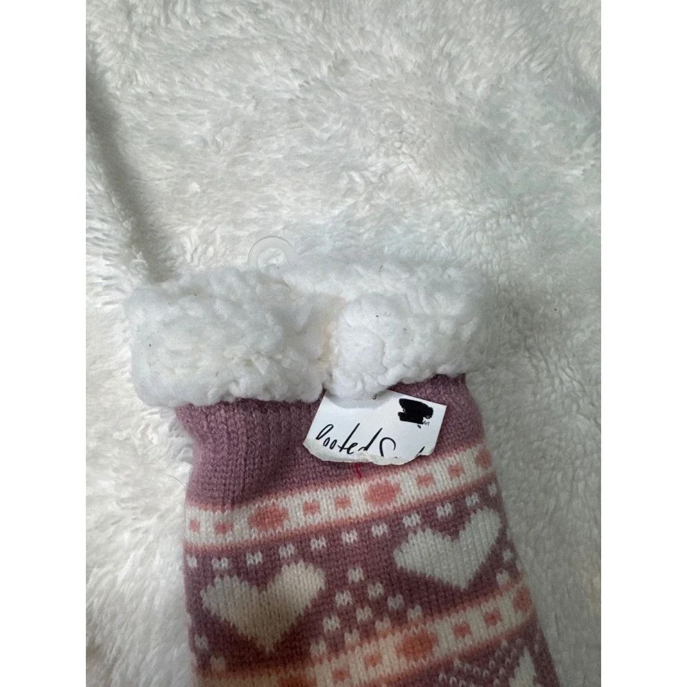 Booted Mauve Pink Fair Isle‎ Snowflake Heart Sherpa Lined Gripper Slipper Socks